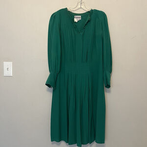 CASSIS Vintage Long Sleeve Button Down 100% Silk Midi Dress Size‎ 8 Green